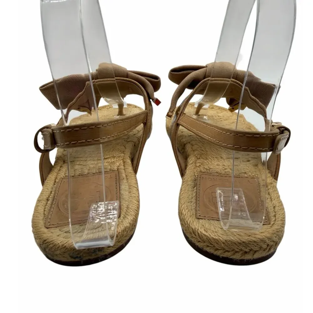 Tory Burch Miller Bow Espadrille Thong Sandals Beige Size 6 Coastal Chic Casual